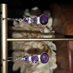 Solid Sterling Silver Triple Stone Raw & Polished Amethyst Dangle Earrings NEW